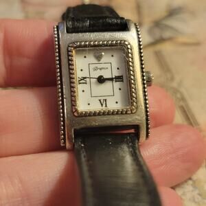 Brighton Jefferson Rectangular Watch Vintage Silver Case & Leather Band